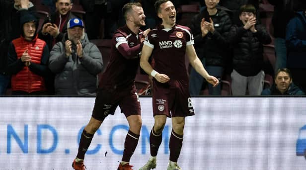 EDINBURGH, SCOTLAND - MARCH 12: Hearts' Aaron McEneff celebrates making it 3-2 with Andy Halliday during a Scottish Cup match between Hearts and St. Mirren  at Tynecastle, on March 12, 2022, in Edinburgh, Scotland.  (Photo by Alan Harvey / SNS Group)