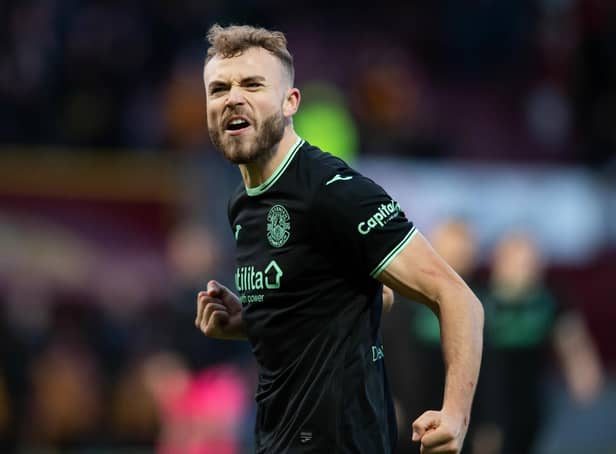 Ryan Porteous celebrates at full-time after Hibs defeated Motherwell 3-2