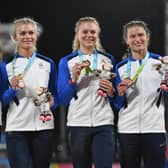 Bronze medalists Zoey Clark, Beth Dobbin, Jill Cherry and Nicole Yeargin of Scotland pose during the medal ceremony for the 4 x 400m relay final. Picture: Tom Dulat/Getty