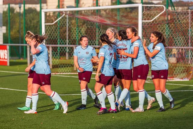 Georgia Hunter celebrates with team-mates after scoring against Partick Thistle, one of her four goals this campaign. Picture: David Mollison