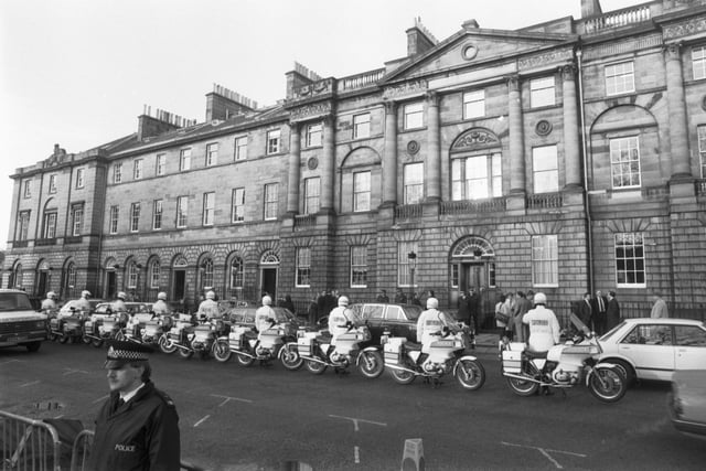 Mikhail Gorbachev's police motorcycle escort waits for the leader to leave Bute House in Charlotte Square in 1984.