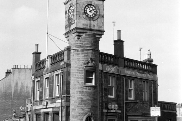 The clock tower of the Trustees Savings Bank - formerly known as Edinburgh Savings Bank- located at 11 Deanhaugh Street in March 1985