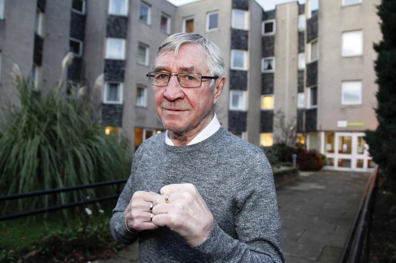 Former boxer Ken Buchanan outside a sheltered housing complex where he was living in 2019.