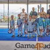 Ryan Porteous, centre left, and Hearts defender Craig Halkett are in attendance at the new Game4Padel courts at Edinburgh Park on Monday afternoon. Picture: Andy Mather