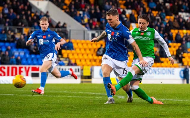 Scott Allan scores Hibs' third in the Easter Road side's last trip to McDiarmid Park