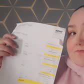 Alana Dudgeon with her bill from Talk Talk which they sent her last month despite Alana and her partner Marc leaving the company last summer.