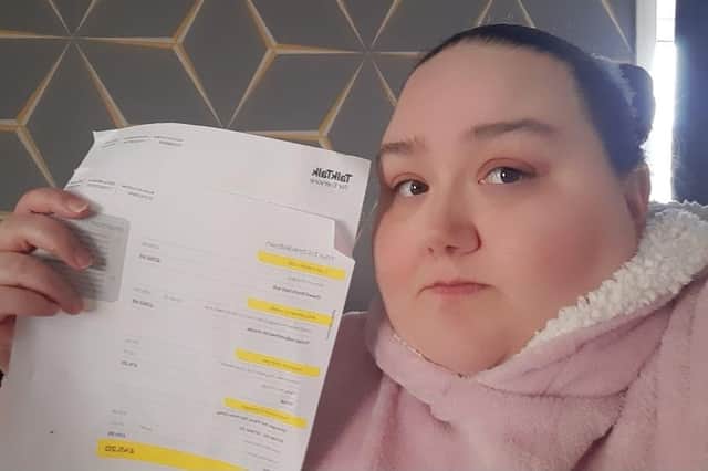 Alana Dudgeon with her bill from Talk Talk which they sent her last month despite Alana and her partner Marc leaving the company last summer.