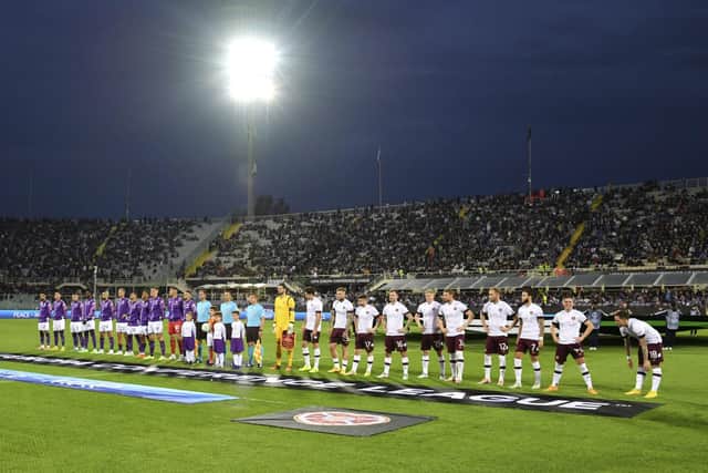 Fiorentina and Hearts line up prior to the UEFA Conference League Group A s match. Picture: Massimo Paolone/ AP