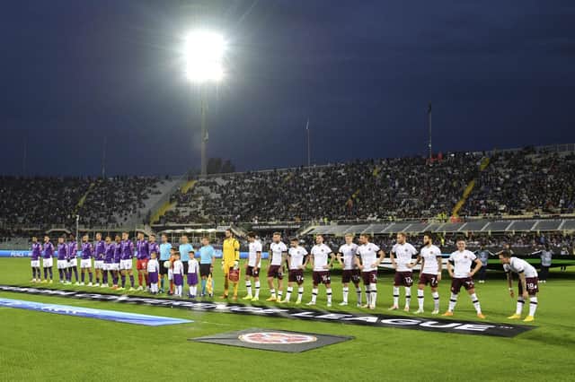 Fiorentina and Hearts line up prior to the UEFA Conference League Group A s match. Picture: Massimo Paolone/ AP