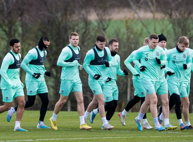 The Hibs players are put through their paces at East Mains ahead of the visit of Rangers
