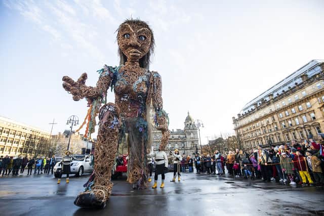 Scotland's largest puppet, a sea goddess called Storm, reaches out a hand of friendship at the Celtic Connections festival in 2020 (Picture: Jane Barlow/PA)
