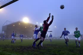 Mark McGeown, Stranraer goalkeeper, foils Hibs again at Stair Park in January 2002
