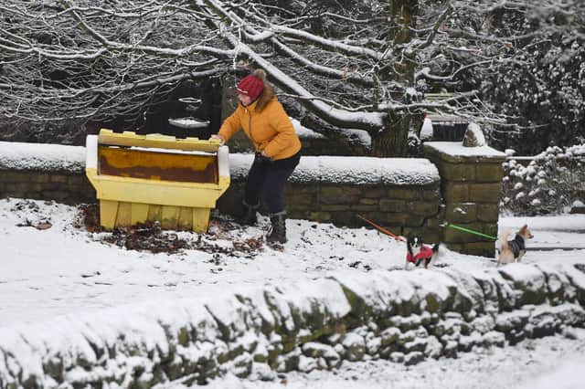 DERBYSHIRE,  - JANUARY 30: A woman collects grit from a grit bin as she walks her dogs in the village of Tintwistle in the High Peak district on January 30, 2019 in Derbyshire, United Kingdom. Travellers face delays as snow and icy conditions have hit parts of the United Kingdom. (Photo by Anthony Devlin/Getty Images)