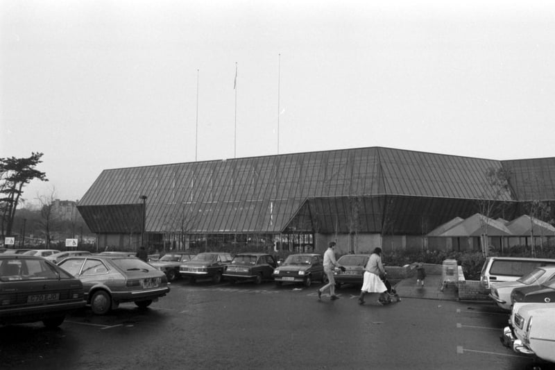 Exterior and car park of Edinburgh shopping centre Cameron Toll in December 1985.