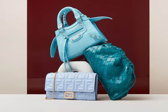 Balenciaga (Neo Classic City nano crocodile-effect top handle bag, £1,1900); Bottega Veneta (The Mini Pouch Intrecciato teal leather clutch, £1,330); FENDI bag, sold out