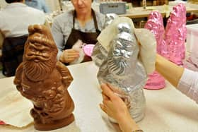 Chocolate Santas are prepared for the Christmas rush (Picture: Joerg Koch/DDP/AFP via Getty Images)