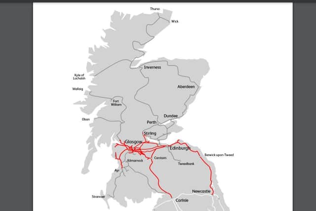 Scotland's electrified rail lines (in red) are currently largely confined to the Central Belt. Picture: Transport Scotland