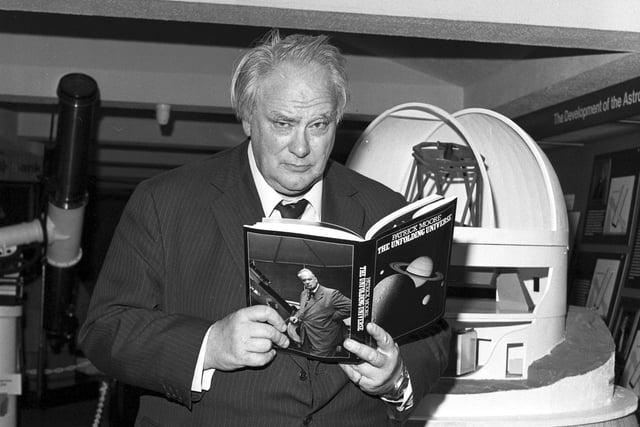 Astronomer Patrick Moore at Blackford observatory in Edinburgh to promote his book The Unfolding Universe in June 1982.