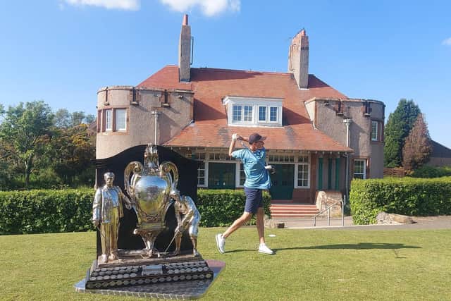 Sam Hall, playing for Heriot's FP, tees off in the Dispatch Trophy last eight at the Braids. Picture: National World.