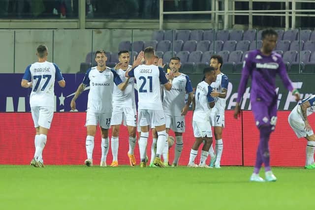 Mattia Zaccagni of Lazio celebrates with his team-mates after scoring his side's second in their 4-0 defeat of Fiorentina. Picture: Getty