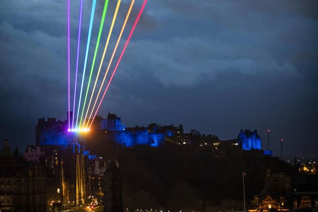 Yvette Mattern's Global Rainbow laser art installation has been launched in Edinburgh. Picture: Jane Barlow/PA Wire