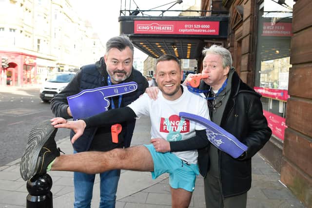 Star of King’s Panto Jordan Young with the help of unofficial coaches and Panto co-stars Grant Stott and Allan Stewart launch Capital Theatres’ latest fundraising initiative for the King’s Theatre redevelopment.  Jordan and Capital Theatres staff will be running the Edinburgh Marathon as part of a crowdfunder to raise money for the redevelopment.
Picture: Greg Macvean