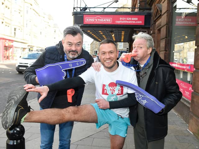 Star of King’s Panto Jordan Young with the help of unofficial coaches and Panto co-stars Grant Stott and Allan Stewart launch Capital Theatres’ latest fundraising initiative for the King’s Theatre redevelopment.  Jordan and Capital Theatres staff will be running the Edinburgh Marathon as part of a crowdfunder to raise money for the redevelopment.
Picture: Greg Macvean