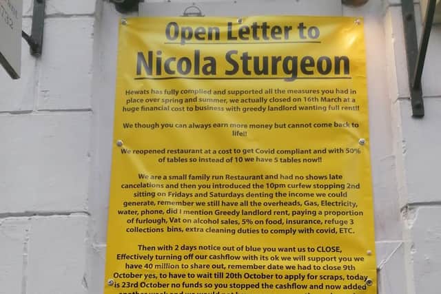 The restaurant has blasted Sturgeon for closing restaurants and not having funds in place. Picture: contributed.