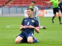 Ethan Laidlaw celebrates scoring against Wales on his debut for Scotland U17s