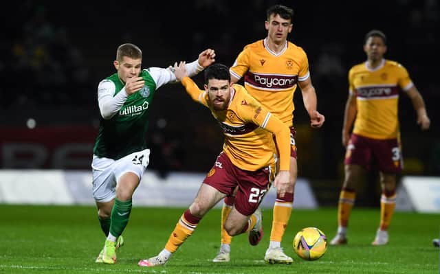 Chris Mueller of Hibs battles with Motherwell's Liam Donnelly during the league meeting last month