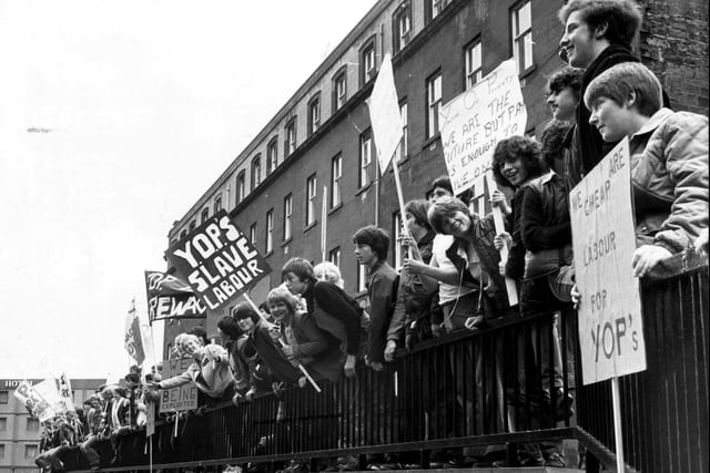 Young unemployed people demonstrate outside St Andrew's House in Edinburgh in June 1981 about the Youth Opportunities Programme.