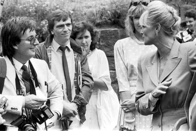American actress Linda Evans talks to the press during a visit to Edinburgh in July 1985.