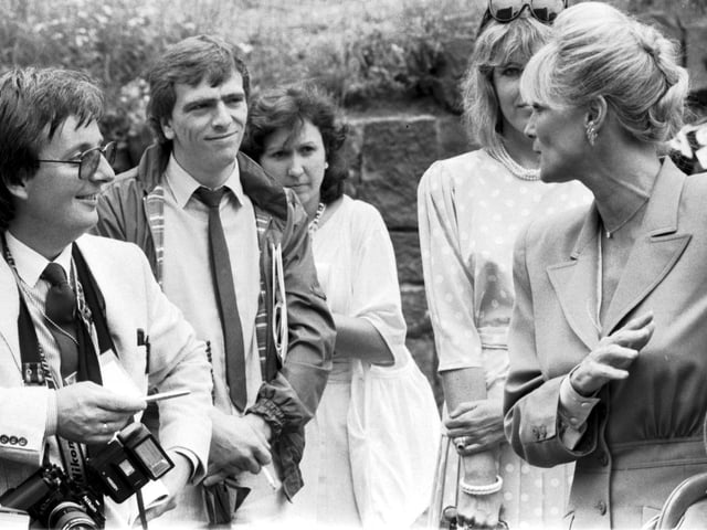 American actress Linda Evans talks to the press during a visit to Edinburgh in July 1985.