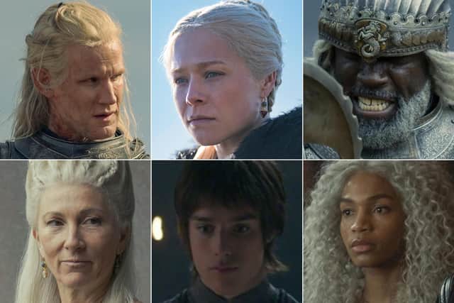 House of the Dragon: The Blacks. Daemon Targaryen, Rhaenyra Targaryen, Corlys Velaryon, Rhaenys Velaryon, Jacaerys Velaryon and Baela Targaryen (HBO)