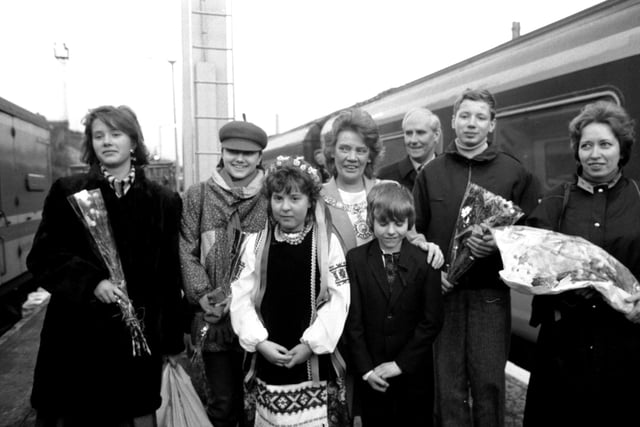 Lord Provost Eleanor McLaughlin meets four children and their teacher at Waverley Station in Febraury 1989 - they were the first official delegation from the Ukraine capital Kyiv since Edinburgh and Kyiv were twinned.