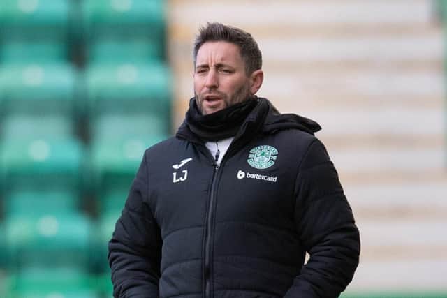 Lee Johnson issues instructions from the touchline during Hibs' friendly with Raith Rovers