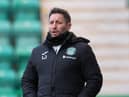 Lee Johnson issues instructions from the touchline during Hibs' friendly with Raith Rovers