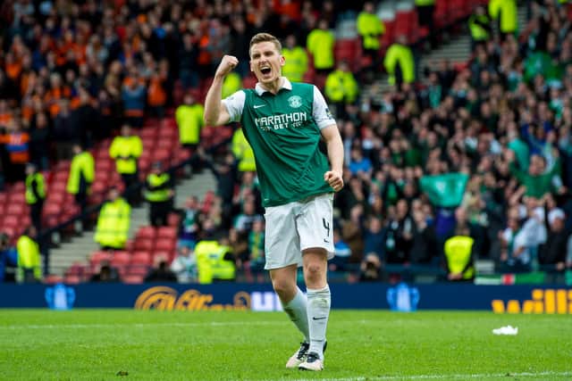 Paul Hanlon celebrates netting his penalty as Hibs defeat Dundee United in the semi-final of the 2016 Scottish Cup. Photo by Craig Foy/ SNS Group