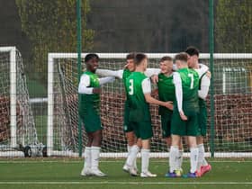 The Hibs players celebrate Josh McCulloch's goal. Picture: Maurice Dougan