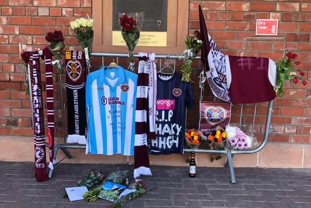 Hearts scarves and football tops were left outside Tynecastle