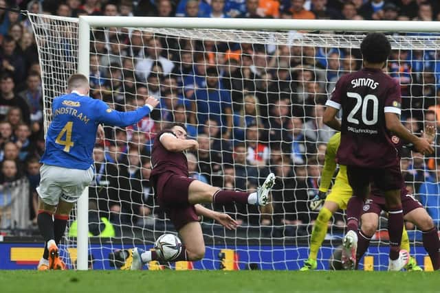 John Souttar makes a block to deny John Lundstram in the closing stages of the regular 90 minutes. Picture Craig Foy / SNS