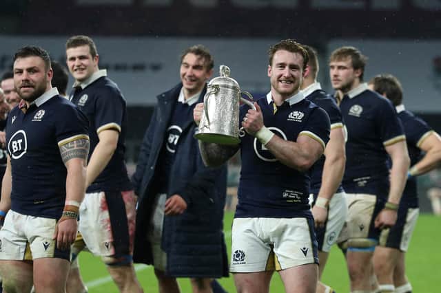 Stuart Hogg shows off the Calcutta Cup after Scotland's win over England at Twickenham in February. The sides will meet again on Saturday, February 5 in the 2022 Six Nations. Picture: David Rogers/Getty Images
