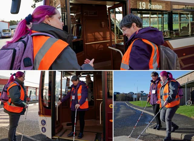 After Margo's beloved dog Thistle retired last year, she has been working with Marie to learn how to use a cane in different situations. Marie approached Lothian Buses to borrow a bus as part of the training. Margo said: 'I have never been through this before - my cane is my guide dog now'
