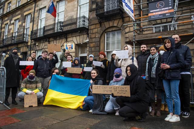 The move follows protests in Edinburgh outside the Russian Consulate.




MEMEMBERS OF THE PUBLIC HOLD A PEACEFUL PROTEST OUTSIDE THE RUSSIAN CONSULTE FOLLOWING PUTIN INVADING UKRAINE