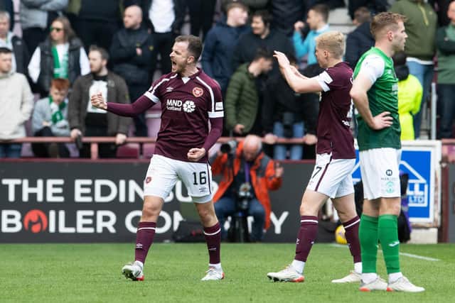 Andy Halliday celebrates scoring for Hearts against Hibs.
