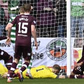 Celtic's Joe Hart makes a crucial save to deny Hearts defender James Hill during the Scottish Cup quarter-final at Tynecastle.