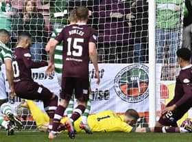 Celtic's Joe Hart makes a crucial save to deny Hearts defender James Hill during the Scottish Cup quarter-final at Tynecastle.