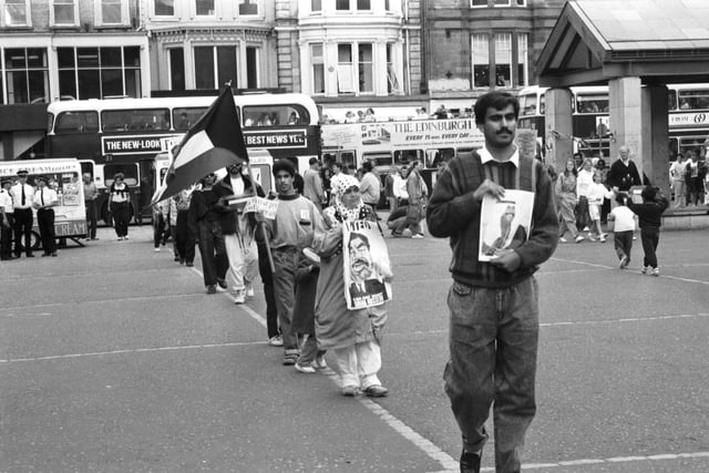 Kuwaitis demonstrate in Edinburgh over Saddam Hussein's invasion of Kuwait in August 1990.