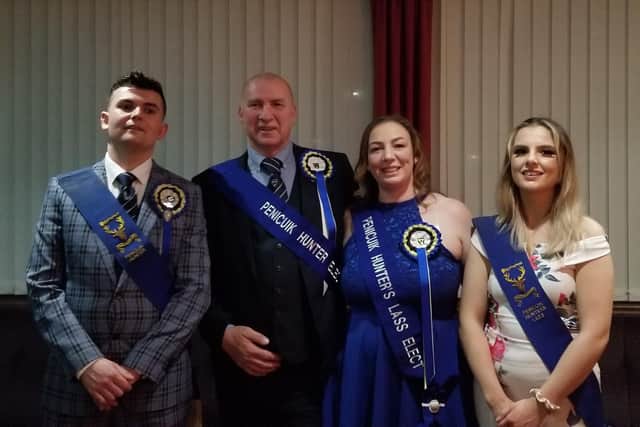 Kelly and Duncan (centre) with Penicuik Hunter and Lass 2019 Fraser Howie and Izzy McNiff.