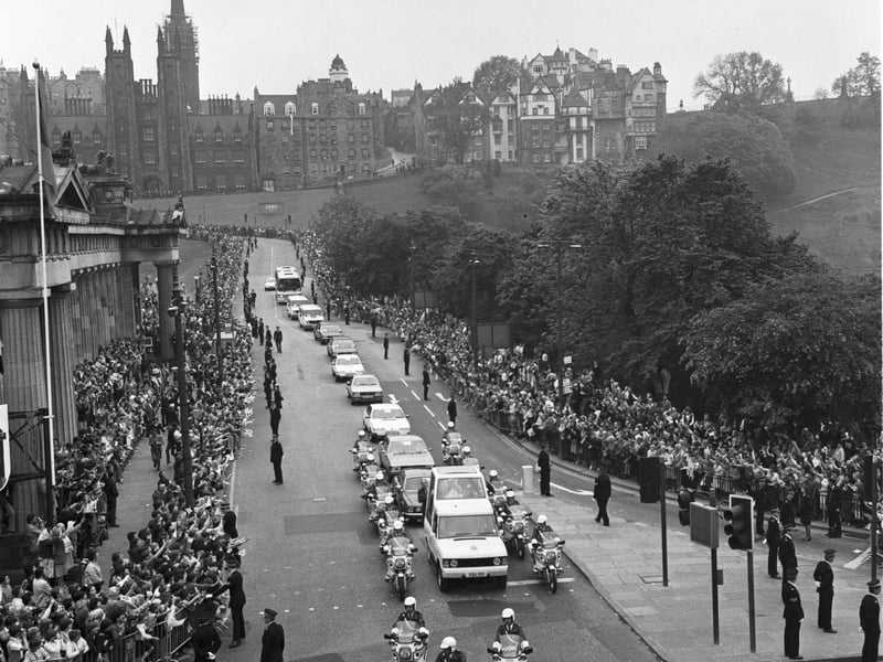 The Popemobile carrying Pope John Paul II makes its way down the Mound from the Assembly Hall in Edinburgh in June 1982.